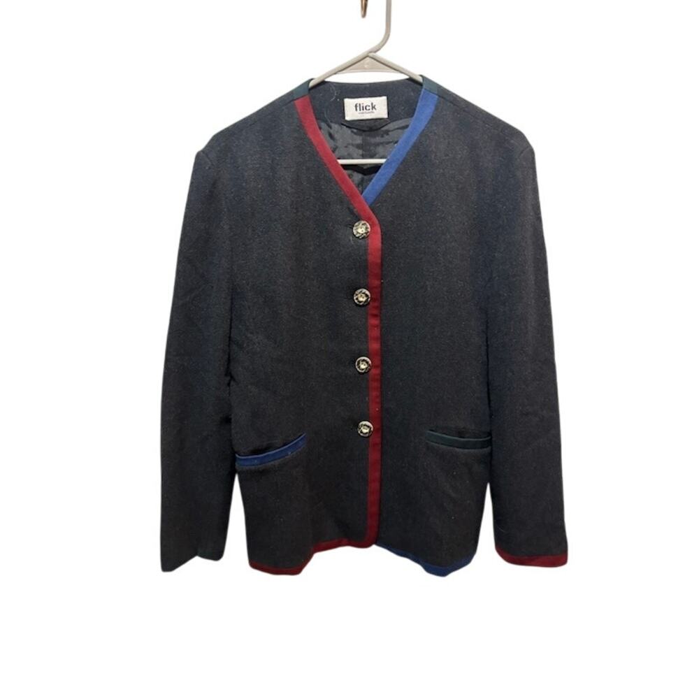 Vintage 80s Flick Aktuell Blazer Wool Blend Navy Blue Green Red Trim Women's 10